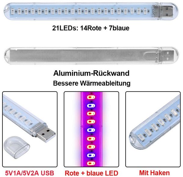 Rosnek Pflanzenlampe USB LED Pflanzenlampe 5V Rot Blau Wachstumslampe, LED fest integriert, Für Zimmerpflanzen, energiesparend, einfache USB-Nutzung