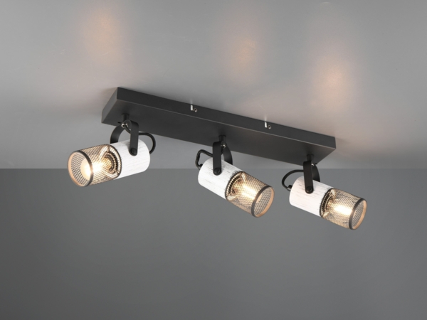 Deckenstrahler TOSH 3-flammig, Schwarz / Holz Weiß & Gitterschirme, Breite 44cm