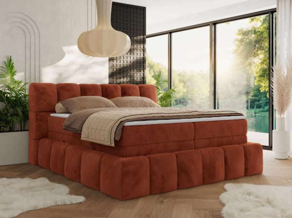 Boxspringbett NIRA KING, Doppelbett mit Fußteil, 7-Zonen Multipocket-Matratzen und Topper, Schlafzimmerbett - 180 x 200 cm - Orange Plüsch - H3