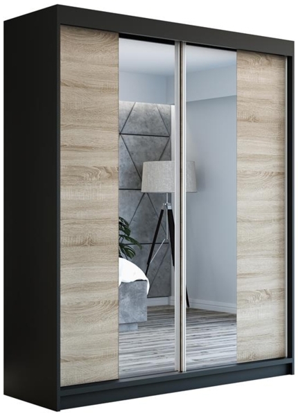 Schwebetürenschrank ELEGANZE 2-türig Schrank 180 cm (mit Spiegel) Farbe: Schwarz , sonoma