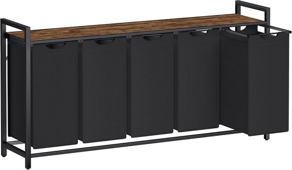 VASAGLE Wäschekorb 5 Fächer, Wäschesammler mit Ablage, Wäschebox, Wäschesack aus Oxford-Gewebe abnehmbar, Metallrahmen, tintenschwarz-vintagebraun, 143,5 x 33 x 72 cm, 5 x 40 L BLHDE501B01
