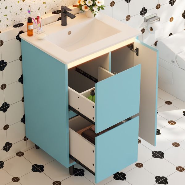 Flieks Waschtisch 61 × 46.5 × 87 cm, freistehender Badschrank mit Keramikwaschbecken, LED-Beleuchtung mit Radarsensor, 2 Schubladen, Blau