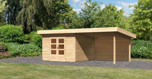 Gartenhaus Northeim 3 - 309x309 cm plus Anbaudach 3,30 m mit Rückwand, 38 mm Holz naturbelassen, Karibu
