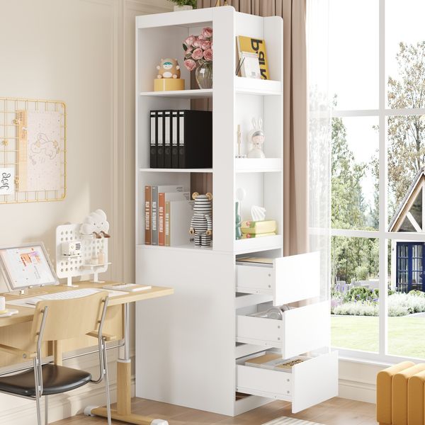 Flieks schmales Bücherregal 60 x 40 x 200 cm, hoher Aufbewahrungsschrank mit 3 offenen Fächern, 3 Schubladen, Kippschutz, Weiß