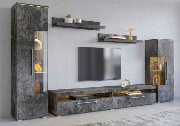 INOSIGN Wohnwand India,Breite 290cm moderne Mediawand ohne Beleuchtung, (Set, 5-St, fdete), Anbuwand (Set,5-St, 2xVitrine, 1TV-Schrank, 2xWandregal) viel Stauraum