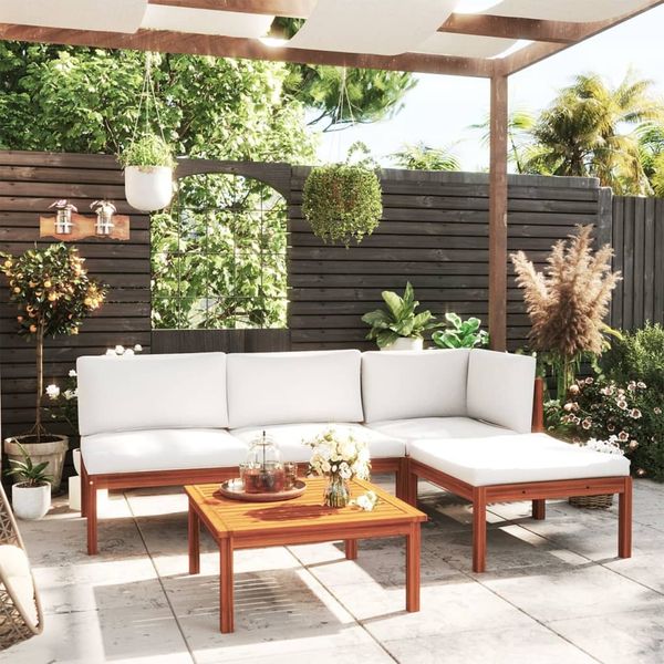 vidaXL 5-tlg. Garten-Lounge-Set mit Kissen Cremefarbenes Holz Akazie & Seil 3057878
