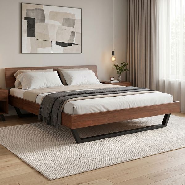 skølm 'Alver' Bett 180x200 cm, Bettgestell, natur geölt, Massivholzbett aus Eiche mit Metallkufen, Walnuss Optik, Bettkopf 1 Strebe