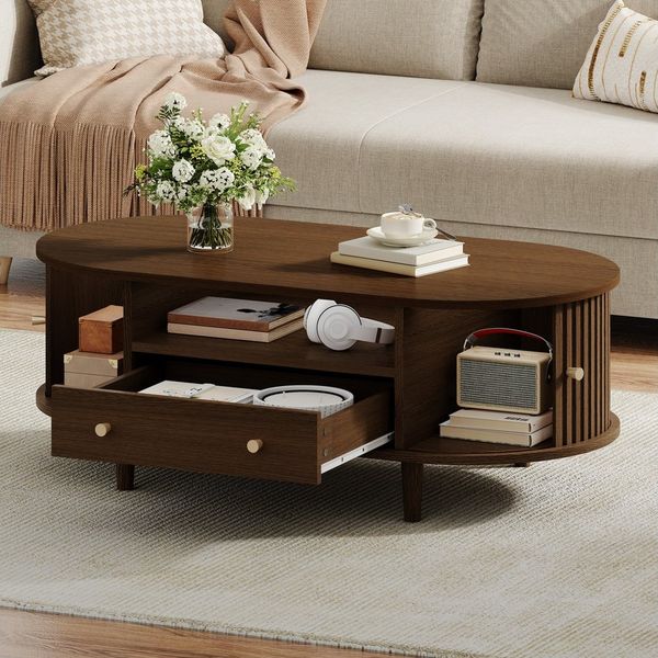 MODFU Couchtisch 100 x 50 x 36 cm aus MDF in Walnussoptik mit Schublade (Packung, 1-St, Praktische Schublade & Rolltür-Fach), Stabile 4 Beine, ideal als Wohnzimmertisch