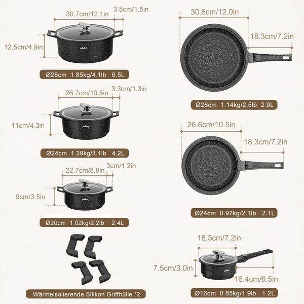 HOMELUX Topf-Set 10-TLG Topfset Induktion Stapelbar für alle Herdarten,Ofenfest,Schwarz, Aluminium (Set, 10-tlg, Topfset/Pfannensets), induktionsgeeignet