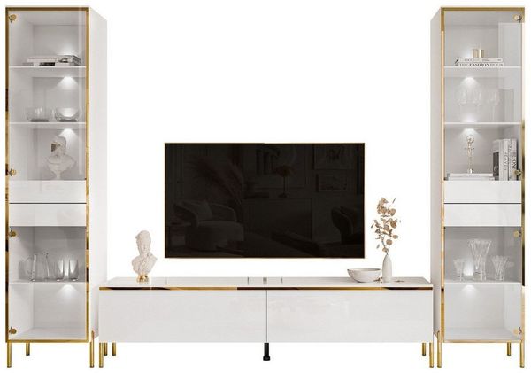 ALLHOUSE24 Wohnzimmer-Set Möbelset PEONY GOLD mit LED weiß Hochglanz Glasvitrine TV Schrank, (1x TV Schrank, 2 x Vitrinen), Fronten in Hochglanz, LED Beleuchtung