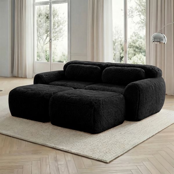 2-Sitzer Modulsofa H 73 x T 204 x B 179 cm aus Plüsch, erweiterbar, rahmenlos, mit 2 Ottomanen