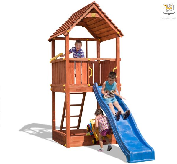 Fungoo Spielturm "Joy", teak,mit Rutsche, Leiter Holzdach und Fernrohr