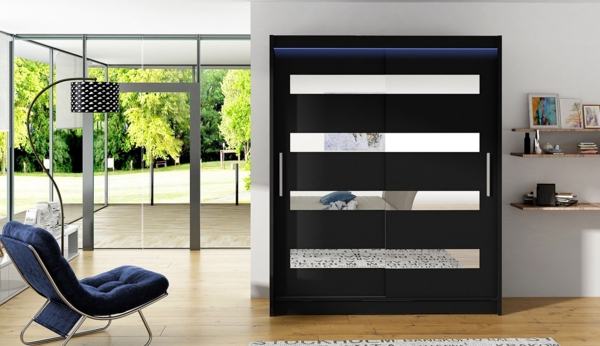 Kleiderschrank Westa XIII, mit RGB LED Beleuchtung, Farbe: Schwarz / Schwarz + Spiegel