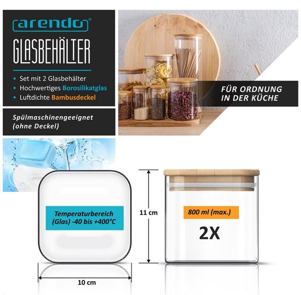 Arendo Aufbewahrungsbecher Glasbehälter 2x 0,8L & 2x1,65L Borosilikatglas Bambusdeckel luftdicht, Borosilikatglas, Bambus, Silikon, (Vorratsbehälter-Set, 4-tlg, 4er Set), Hitzebeständig, umweltfreundlich, langlebig, mikrowellengeeignet