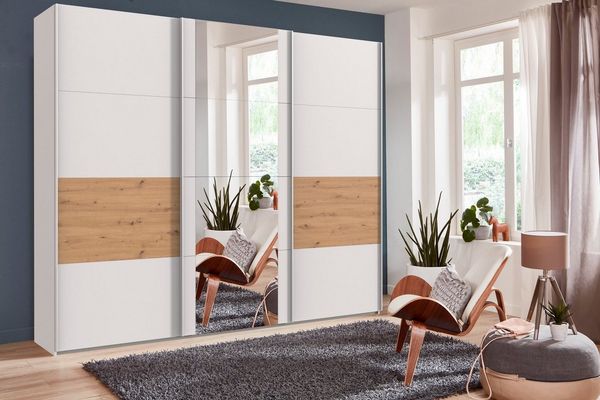 Wimex Schwebetürenschrank Barmbek Schlafzimmerschrank BESTSELLER Garderobenschrank Kleiderschrank mit 2 Stoffboxen und 2 zusätzlichen Böden, Spiegeltür