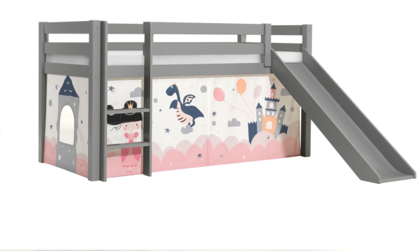 Kinderbett mit Rutsche Karolina Massivholz Grau Textilset Sophie