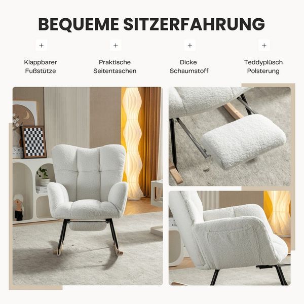 SeedWave Schaukelsessel Teddy Schaukelstuhl Wohnzimmer mit Fußstütze und Seitentasche, Relaxsessel mit Metallrahmen, Massivholzsockel mit Boden Schutzfilz Bild 3