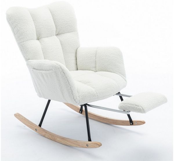 SeedWave Schaukelsessel Teddy Schaukelstuhl Wohnzimmer mit Fußstütze und Seitentasche, Relaxsessel mit Metallrahmen, Massivholzsockel mit Boden Schutzfilz Bild 2