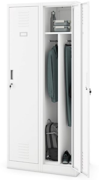 Umkleideschrank Spind KACPER - 2 Abteile, Etikettenhalter Lüftungsschlitze | Umkleidespind Metall Schließfachschrank Garderobenspind, 180x80x50cm Weiß