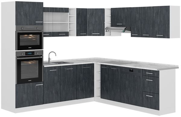 Eckküche R-Line Schwarz Beton/Weiß 247 x 60 cm AP Marmor Vicco
