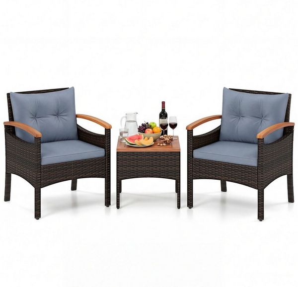 COSTWAY Balkonset, Rattan, 3tlg. 2 Sessel & Tisch, mit Sitz- & Rückenkissen