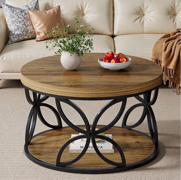 Tribesigns Couchtisch runder Couchtisch, 2-stufiger Wohnzimmertisch mit Metallrahmen