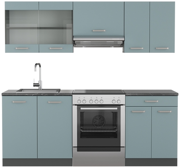 Küchenzeile R-Line Blau-Grau/Anthrazit 200 cm , AP Anthrazit Vicco