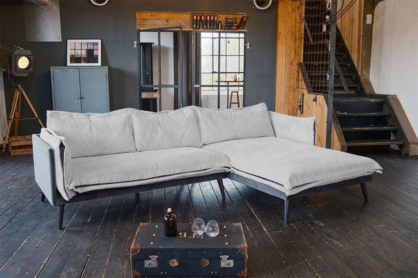 KAWOLA Sofa QUENYA Ecksofa Cord hellgrau / Velvet anthrazit Recamiere rechts 88 x 184 x 294 cm