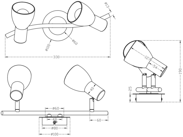 2er SET 2-flammige Deckenstrahler Silber, Glasschirme schwenkbar Breite 33cm Bild 5