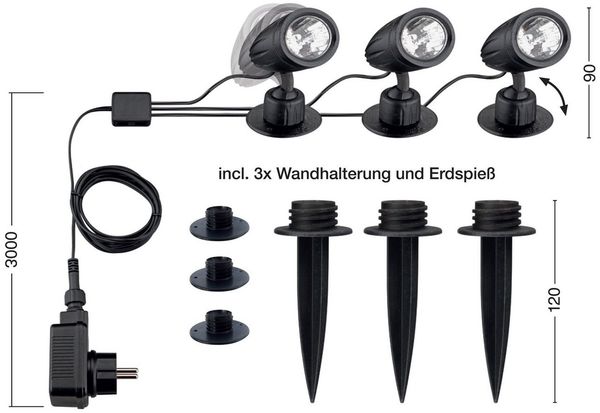 TRANGO LED Gartenstrahler, 3-flammig 3076-356 IP44 LED Gartenstrahler mit Timerfunktion *JOE* Außenleuchte inkl. 3x LED Modul Leuchtmittel 6000K Tageslichtweiß & Zuleitungskabel, Teichlampe, Gartenleuchte, Wegbeleuchtung, Wandleuchte