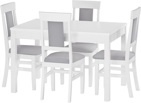 Weißer Esstisch 75 x 120 mit vier Polsterstühlen in weiß-grau Massivholz Kiefer 90.70-51AW-Set25
