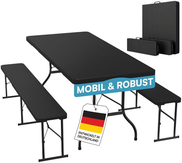 STEELSØN 'Zennar' Gartenmöbel Set für 8 Personen, Sitzgruppe aus Gartentisch und 2x Gartenbank, zusammenklappbar, Rattanoptik schwarz, wetterfest, inkl. Tragegriff
