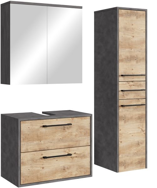 Waschbeckenunterschrank Set Florence 60 x 35 cm – Kastanie Eiche mit Dunkelgrau – Badmöbel mit Spiegelschrank und Hochschrank