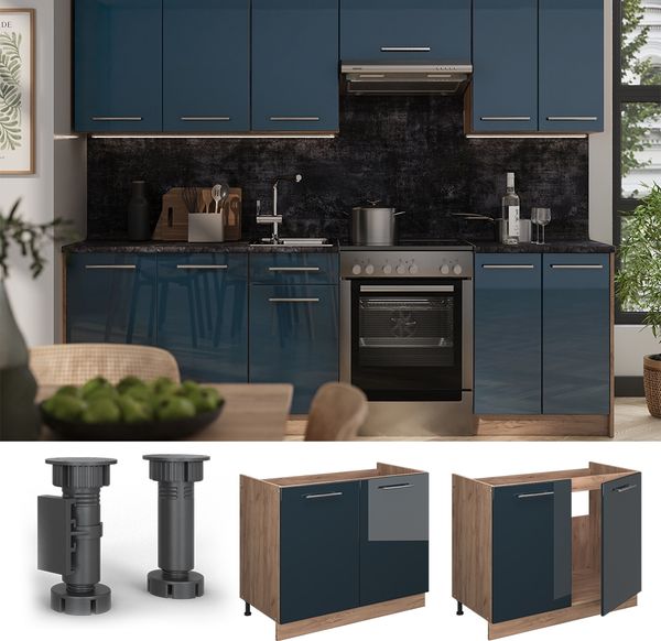 Spülenunterschrank Fame-Line Dunkelblau Hochglanz/Goldkraft Eiche 100 cm, AP Anthrazit Vicco Bild 4