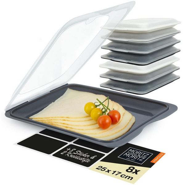 Moritz & Moritz Frischhaltedose 8er Set Aufschnittdosen stapelbar - Frischhaltedosen dunkel, Kunststoff, (Set, 8-tlg, Set), Inkl. 8 Sticker, mit Deckel für Optimales Frischhalten
