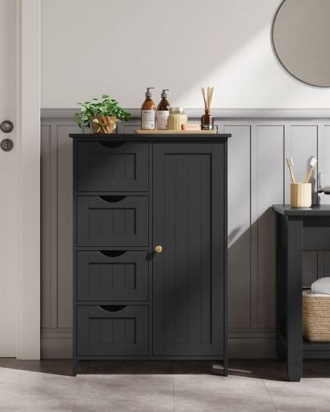 Vasagle Badezimmerschrank mit 4 Schubladen und verstellbarer Ablage, MDF tintenschwarz, 82 x 30 x 55 cm