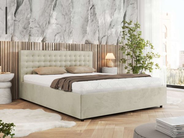 Polsterbett mit Holzlattenrost Doppelbett PAVO CLASSIC, hohe Kopfteil, Bettkasten mit Gasdruckfeder - 140 x 200 cm - Beige Velvet