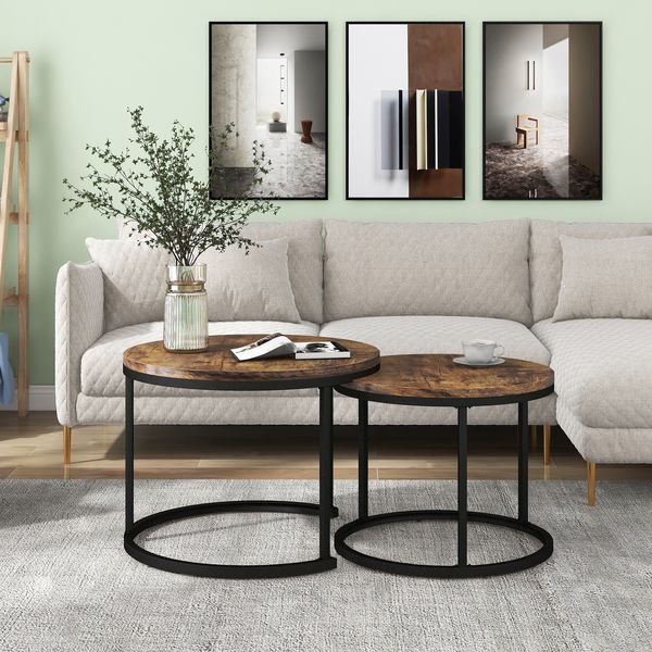 2er Set Couchtische rund, B 70,5/44 x H 50/45,5 cm, MDF in Holzoptik mit Metallrahmen