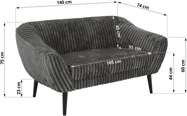 Polstersofa PIRS 2 Skandinavisches Sofa 2-Sitzer, Sofa mit Wellenfederung, Breite 140 cm, schwarze Füße Hoher Sitzkomfort - Grau Cord Bild 5