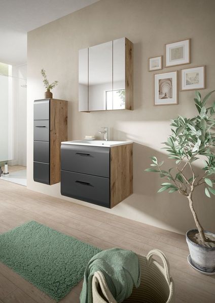 furnling Badmöbel-Set Ivy, (3-St, Spiegelschrank, Standschrank, Waschbeckenunterschrank mit Waschbecken), Badmöbel, Komplett-Set, Breite 105 cm, Nox Oak/schwarz matt