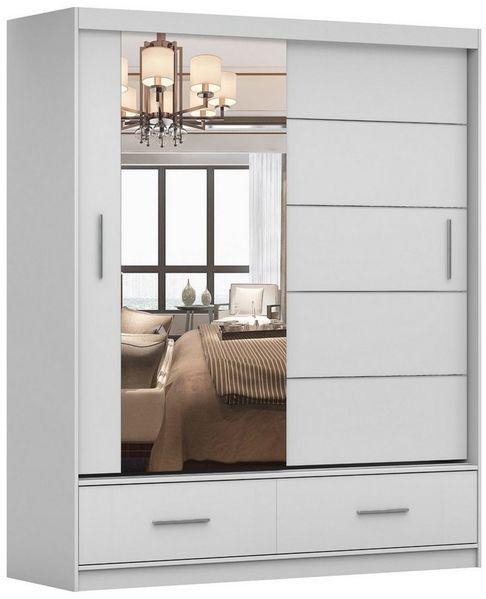 Deine Möbel 24 Schwebetürenschrank FLORENZ 150 200 250 cm Kleiderschrank Schiebetürenschrank Weiß Matt (Set, 3-St, Schrank inkl. Kleiderstange und Einlegeböden) inkl. Spiegel und Schubladen Flur Garderobe Schlafzimmer
