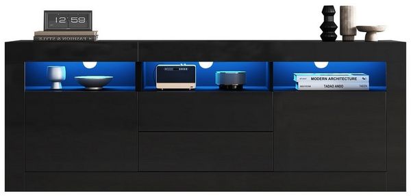 REDOM Lowboard Moderner Hochglanz-TV-Schrank mit LED-Beleuchtung (TV-Ständer für 70-Zoll-Fernseher, 3 offenen Fächern, 2 Türen, 2 Schubladen), mit LED-Beleuchtung