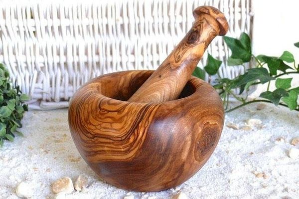 Olivenholz-erleben Mörser rund inkl. Stößel, Olivenholz, (Set, 2-tlg, Mörser mit Stößel, Olivenholz), Funktionaler Mörser aus Olivenholz, gerundeter Rand oben