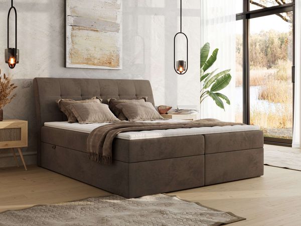Boxspringbett DAGOS 140 x 200 cm mit Kopfteil, Lattenrost und Stauraum – Doppelbett mit Matratze & Topper T25 , stabile Konstruktion, Bettkasten, modernes Design - Braun Velvet - H3