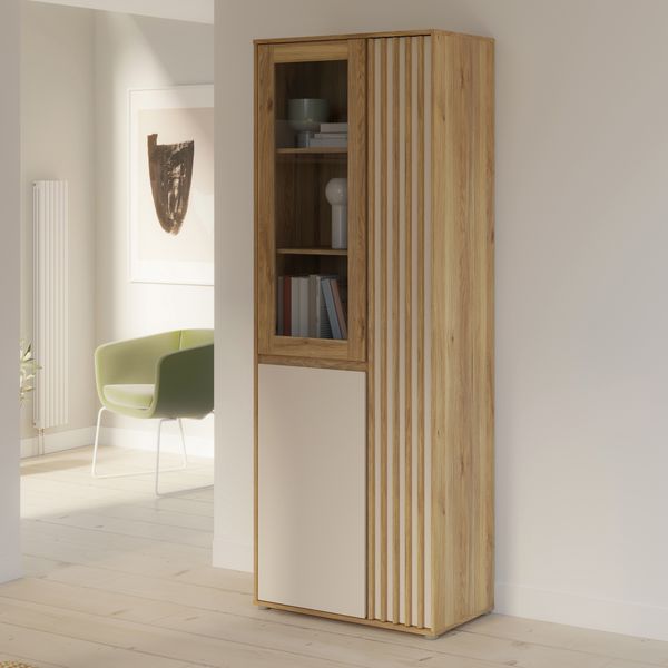 Forte ELISTON Vitrine 70 80, moderner Schrank mit Lamellendesign, 3-türig, Wohn-/Schlafzimmer, Mauvella Eiche Holzdekor|Kashmir Beige, 74 cm breit x 200,1 cm hoch x 41,5 cm tief