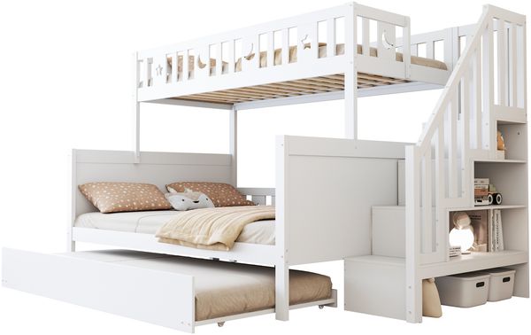 3in1 Etagenbett Weiß Mit Ausziehbett Sternen Mond Motiven 140x200 Kiefer Massivholz Sicherheitsgeländer Lattenrost Stauraum Leiter Geschwisterbett Gästebett Kinderzimmer Bild 6