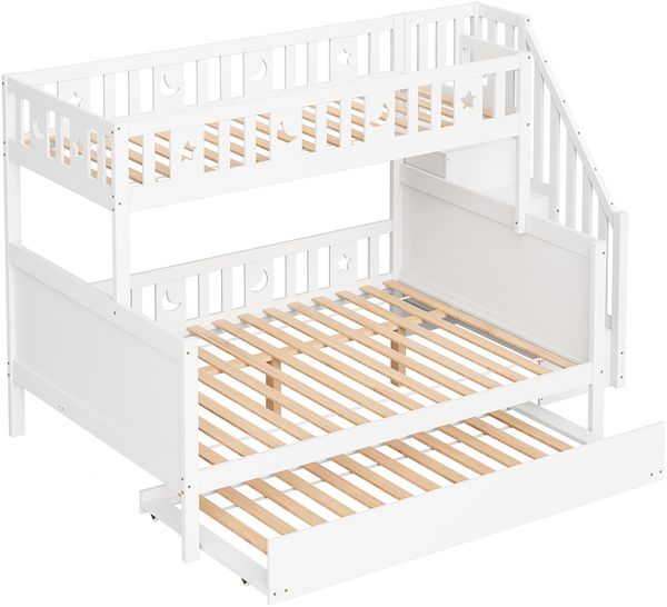 3in1 Etagenbett Weiß Mit Ausziehbett Sternen Mond Motiven 140x200 Kiefer Massivholz Sicherheitsgeländer Lattenrost Stauraum Leiter Geschwisterbett Gästebett Kinderzimmer Bild 10