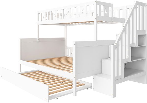 3in1 Etagenbett Weiß Mit Ausziehbett Sternen Mond Motiven 140x200 Kiefer Massivholz Sicherheitsgeländer Lattenrost Stauraum Leiter Geschwisterbett Gästebett Kinderzimmer Bild 7