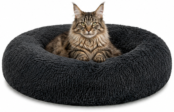 lionto Donut Katzenkissen, rundes Bett mit Plüschbezug & Anti-Rutsch-Boden, erhöhter Rand für Geborgenheit, 60 cm Durchmesser, dunkelgrau