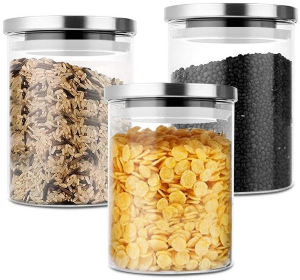 Simloveve Vorratsglas Vorratsgläser mit Deckel, robustes Borosilikatglas, stapelbare, Glas, (3-tlg, 3er-set Vorratsdosen), BPA-frei, Struktur und Ordnung in der Küche, lange Lebensmittelfrische